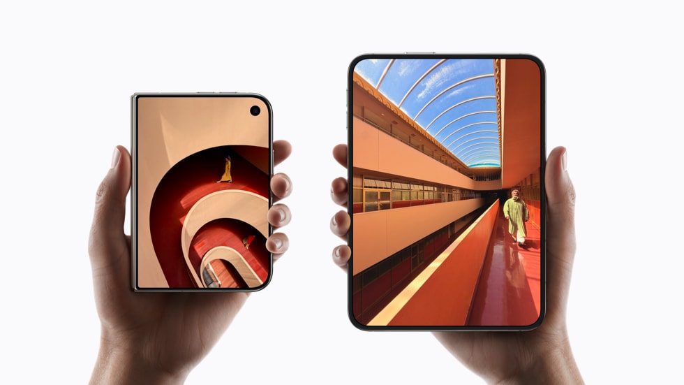 Image from Apple of the new iPhone Duo; folded in one hand, unfolded in another.